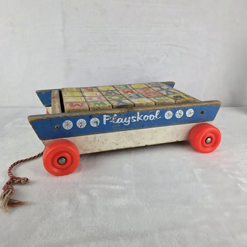 Vintage Playskool Wooden Alphabet Block Pull Wagon Toy Original String 24 Blocks